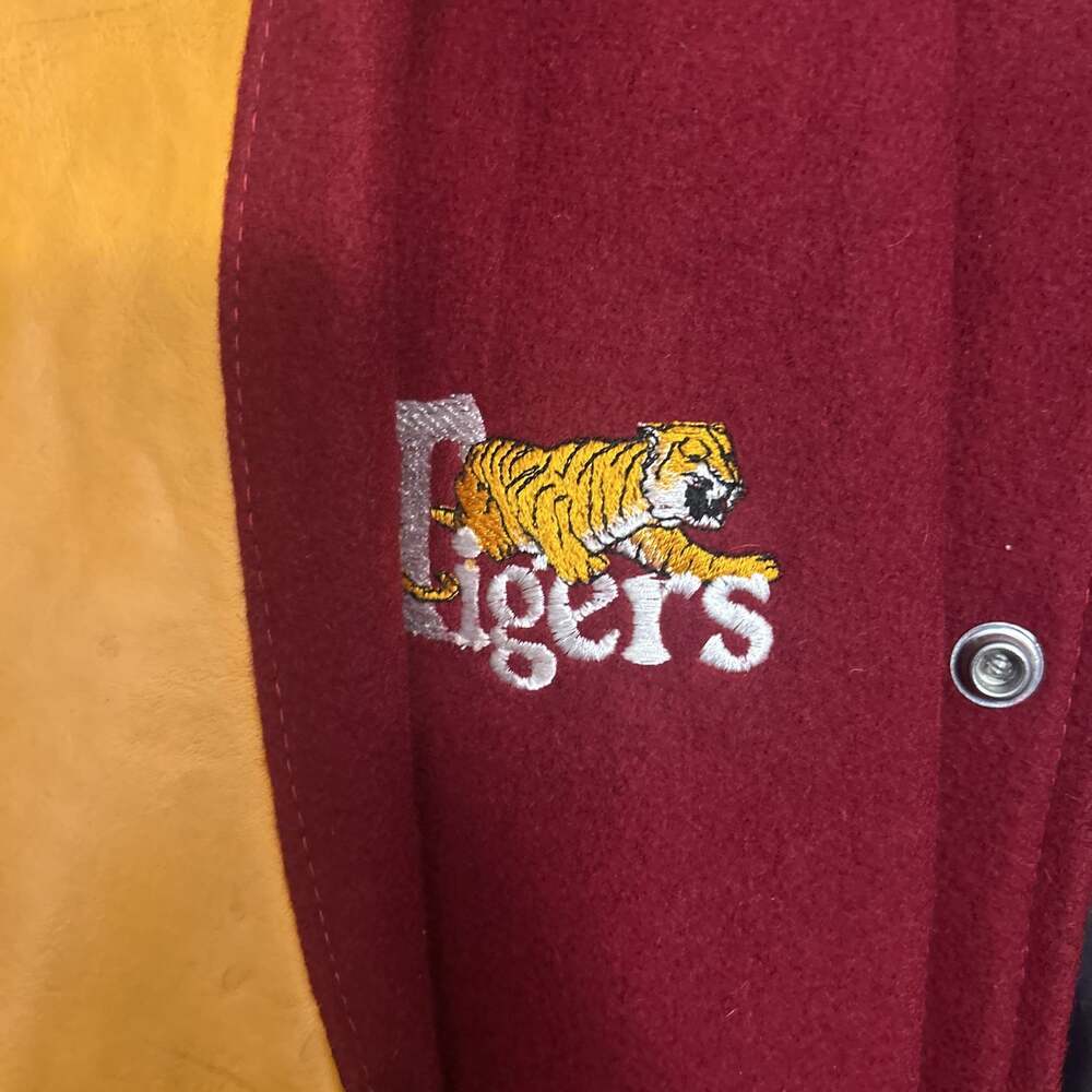 DeLong 80’s Howard Varsity Jacket Red & Mustard Wool Leather - Picture 2 of 6